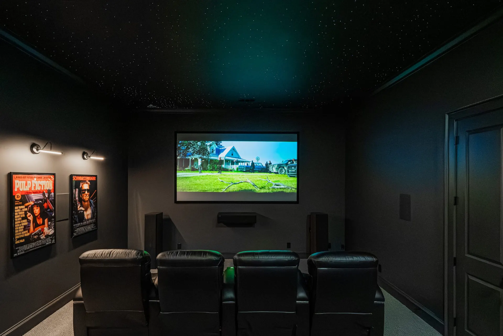 Projection screen and leather theater seating under a fiber-optic star ceiling at 1610 NW Eliam Dr