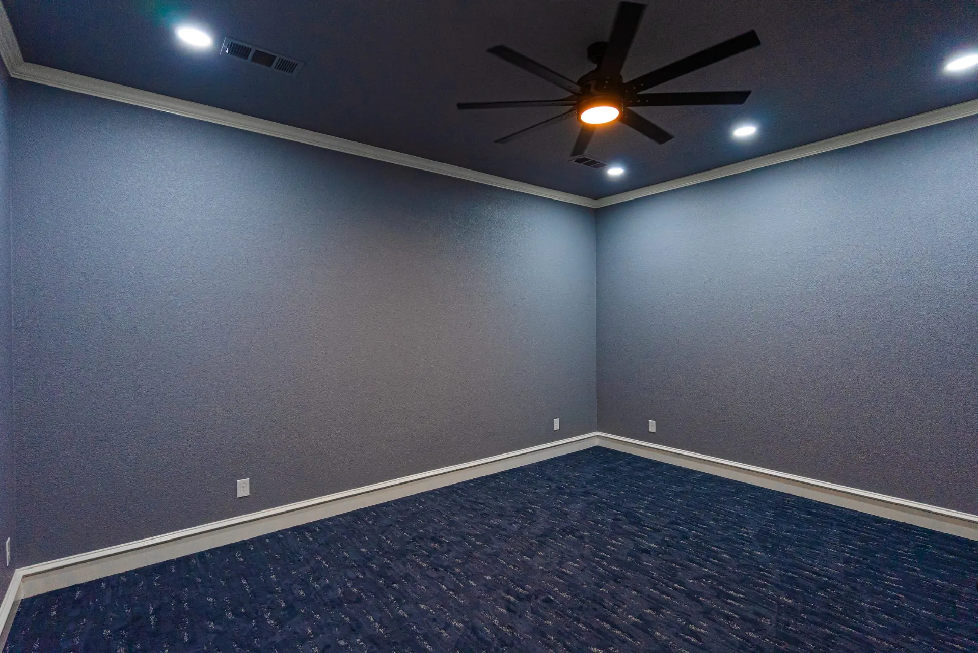 Media room at 1602 NW 12th St with navy walls, dark ceiling, black fan and patterned blue carpet