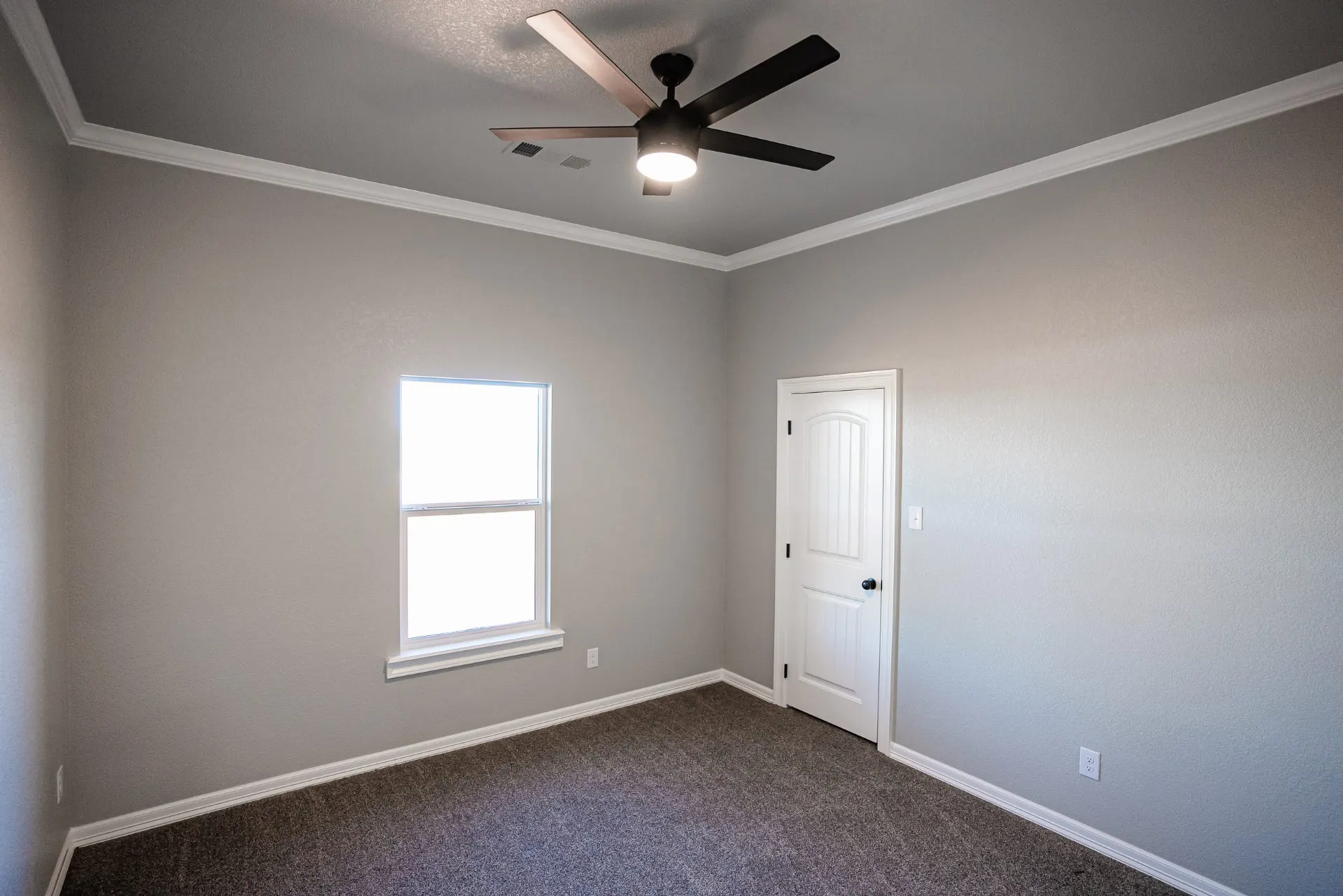 Bedroom at the Eliam St Home with grey walls, a dark ceiling fan, a single window and a white batten closet door