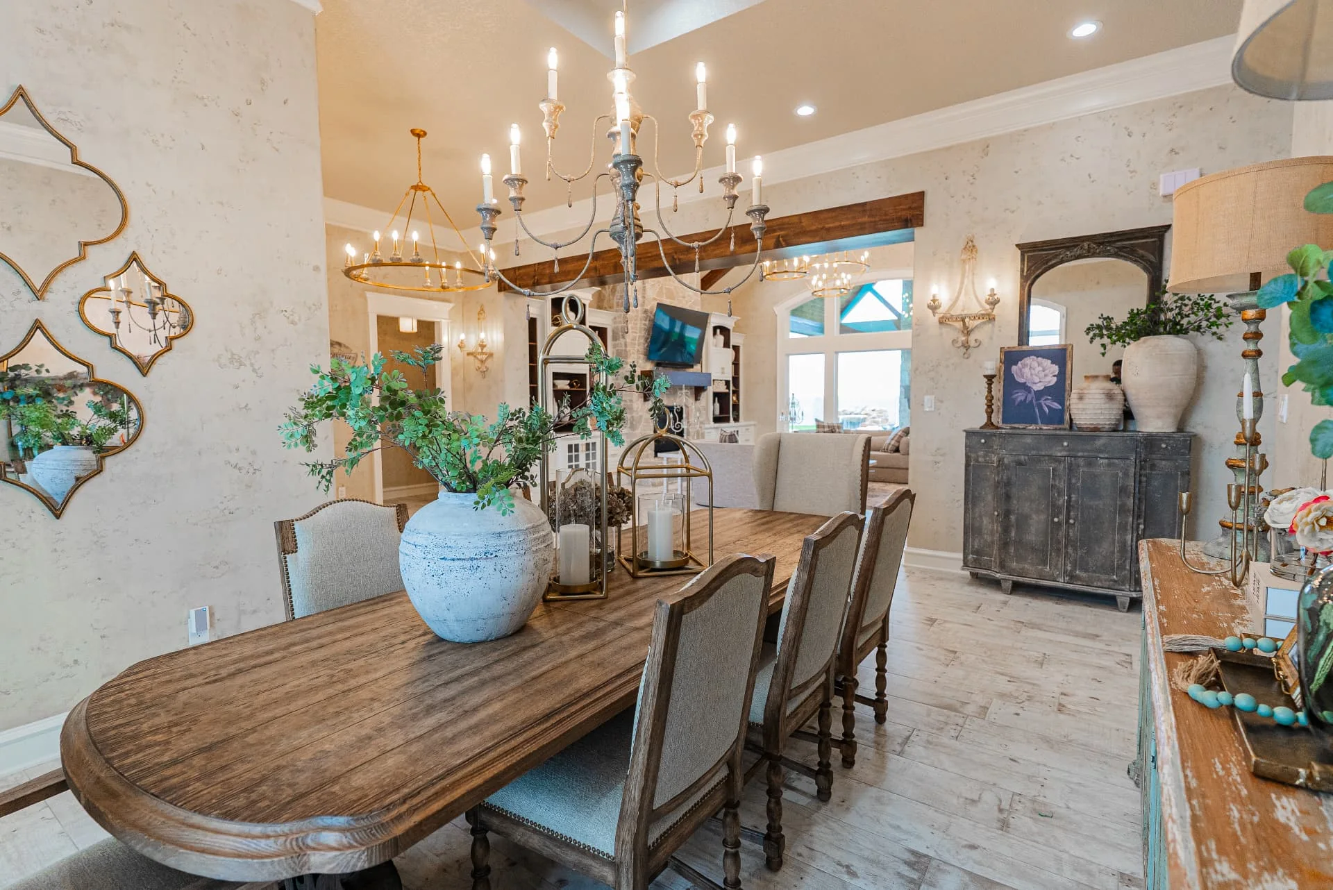 Dining room table and chandelier at The Flores Estate