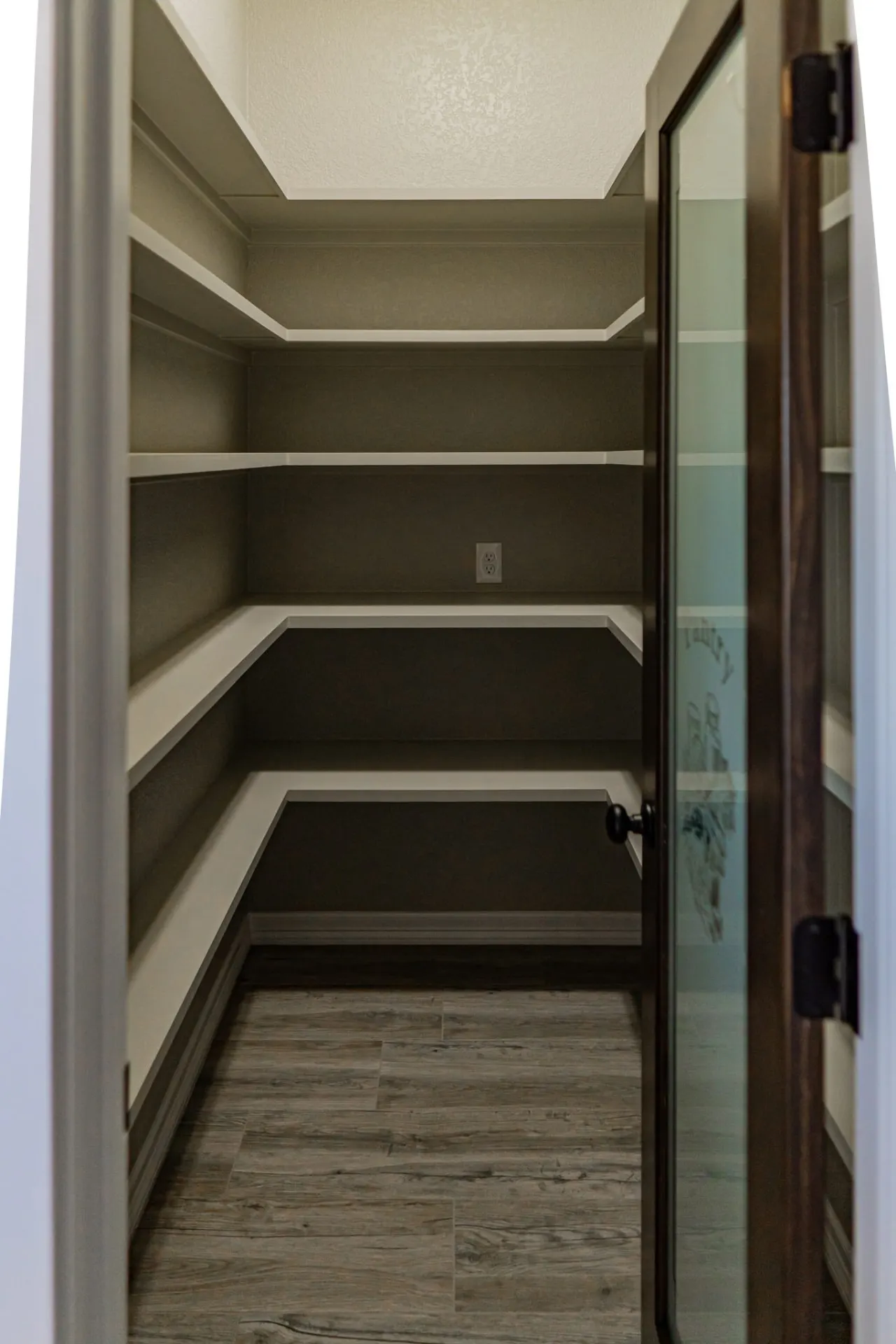 Walk-in pantry at the 12th St Home with wraparound white shelving and an etched glass door