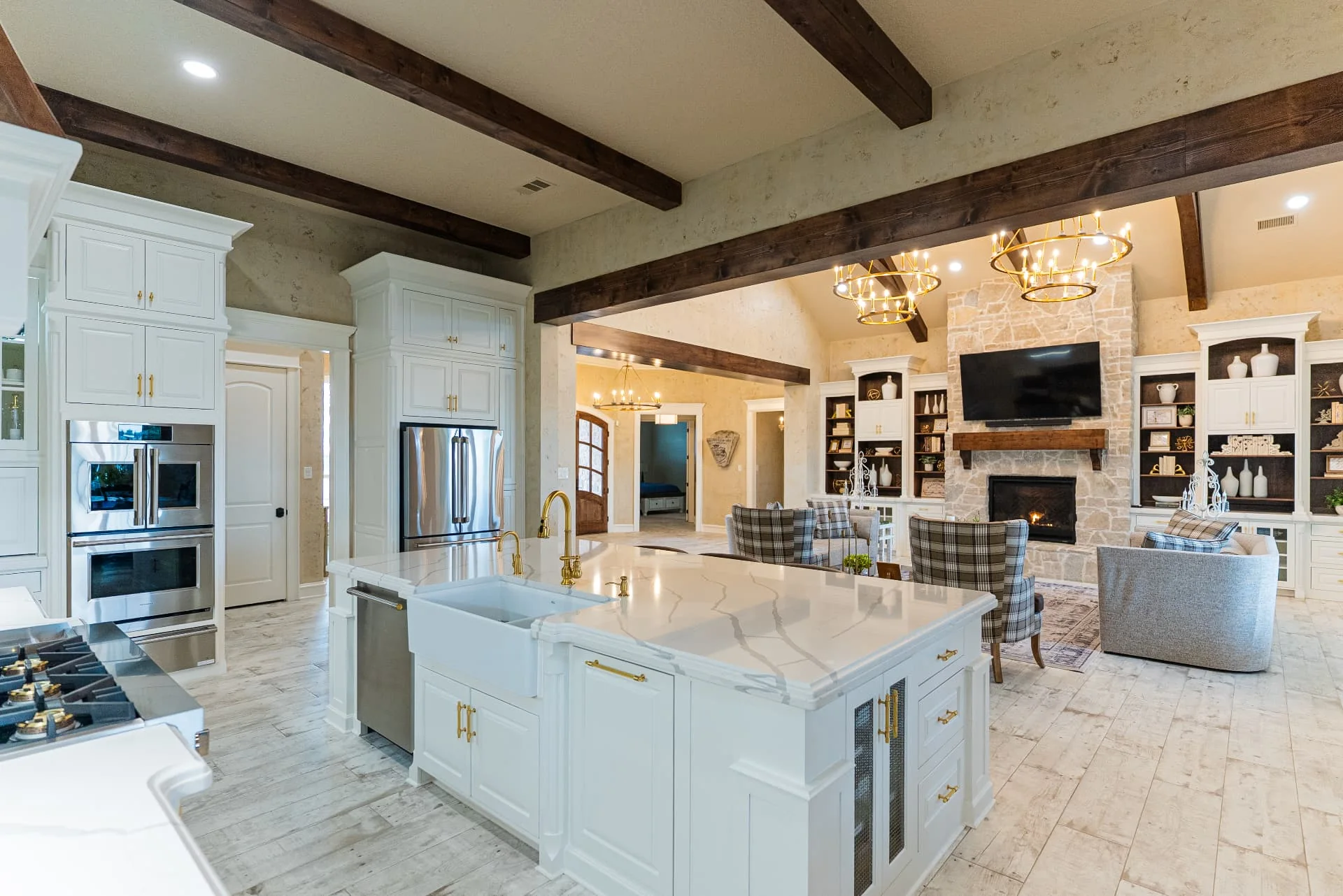 Kitchen island and ceiling beams at The Flores Estate
